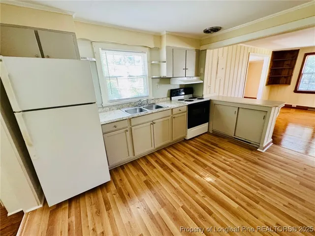 a kitchen with a refrigerator a stove top oven a sink and dishwasher with wooden floor