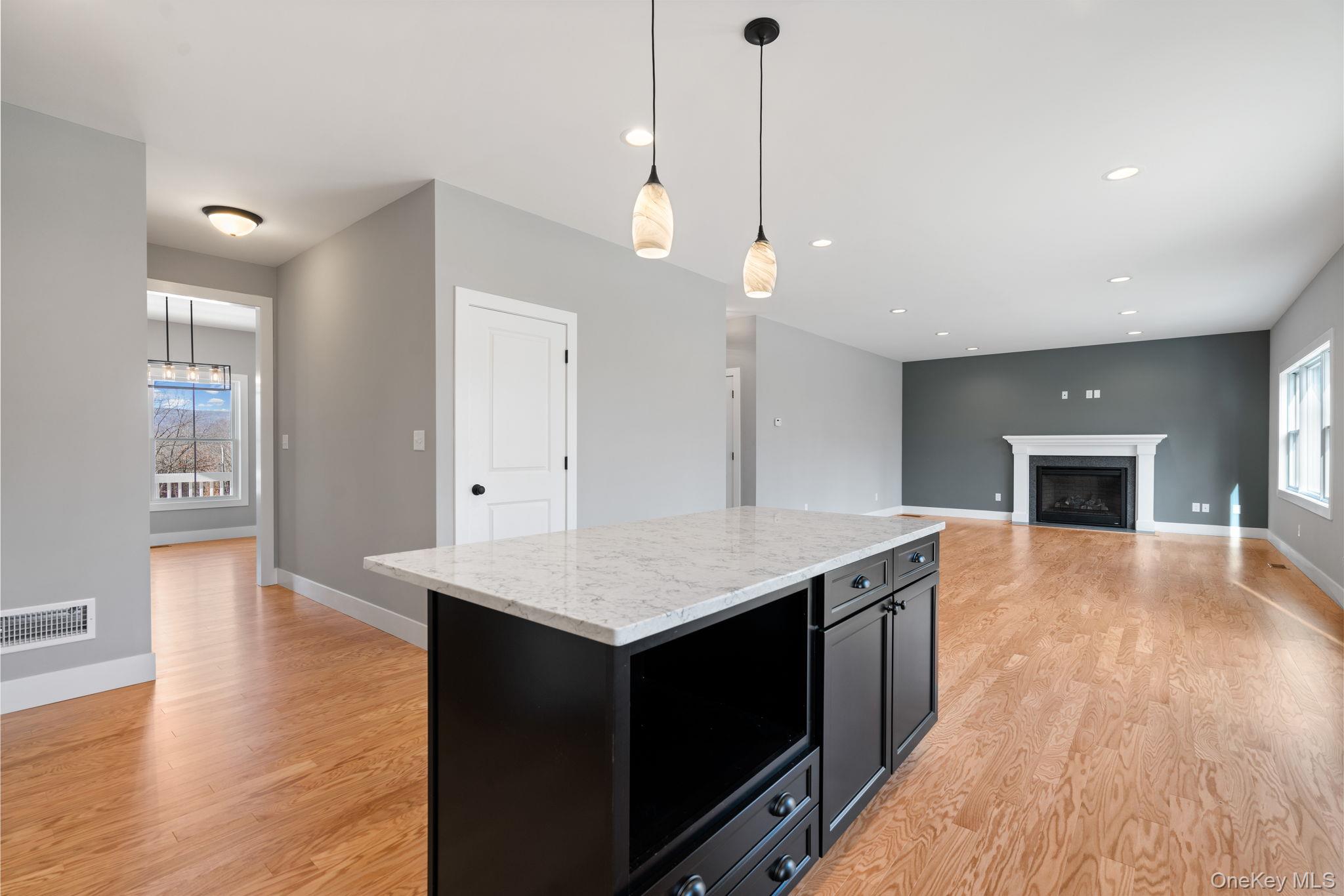 13 Harrier Ridge Drive Wallkill, NY 12589 - Photo 5 of 40 Kitchen featuring dark cabinetry, hanging light fixtures, light wood finished floors, light stone counters, and a fireplace