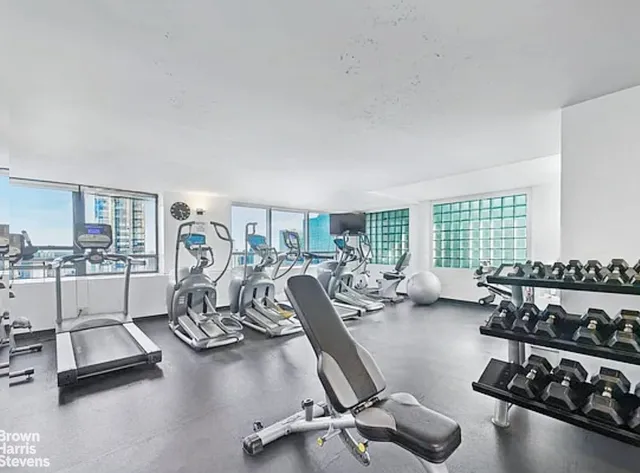 a view of a room with gym equipment