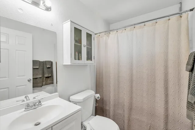 a bathroom with a sink a toilet and shower curtain