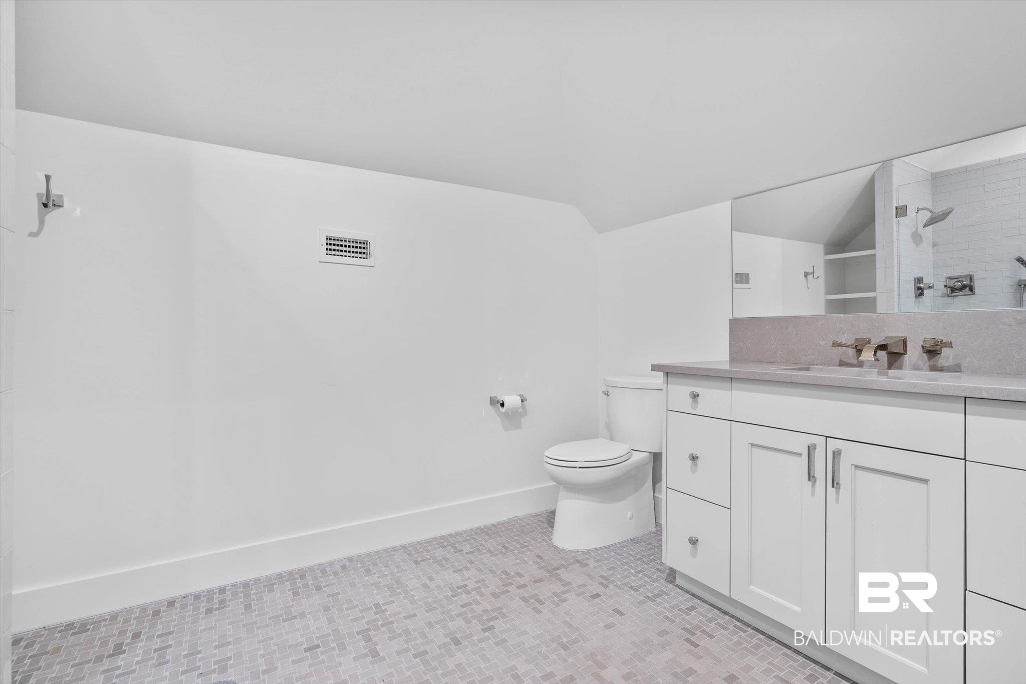 4602 Kingswood Drive Mobile, AL 36608 - Photo 37 of 45 Full bathroom with vanity, a shower, and lofted ceiling