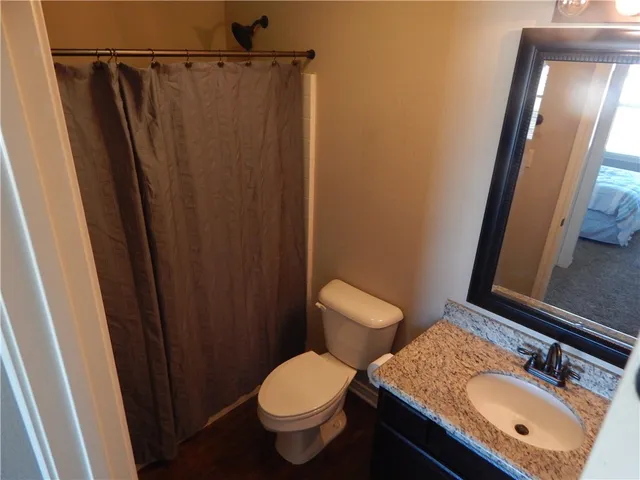 a bathroom with a sink a toilet a mirror and shower curtain