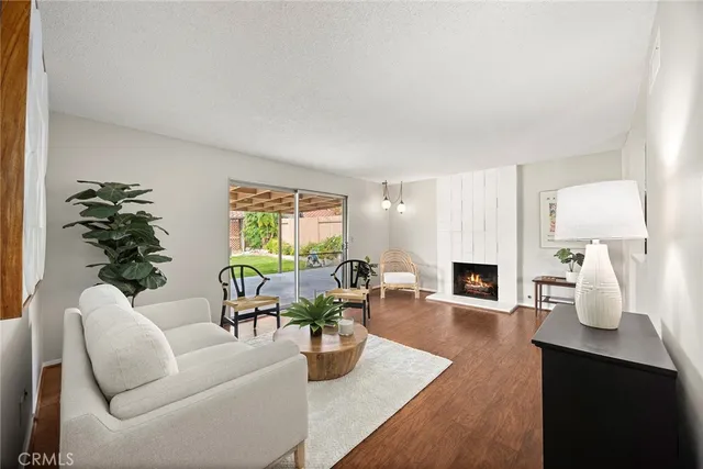 a living room with furniture fireplace and potted plant