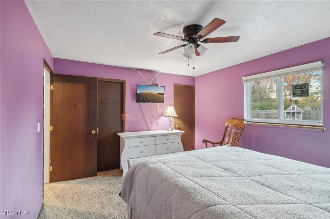 167 Birch Road Painesville, OH 44077 - Photo 21 of 49 Carpeted bedroom featuring ceiling fan, a textured ceiling, and a closet