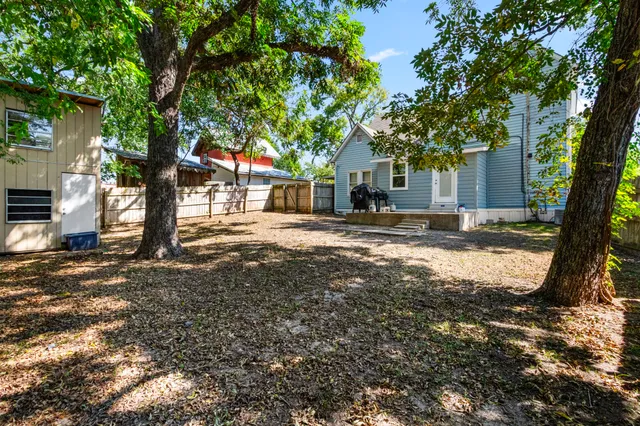 a view of a yard with plants and large trees