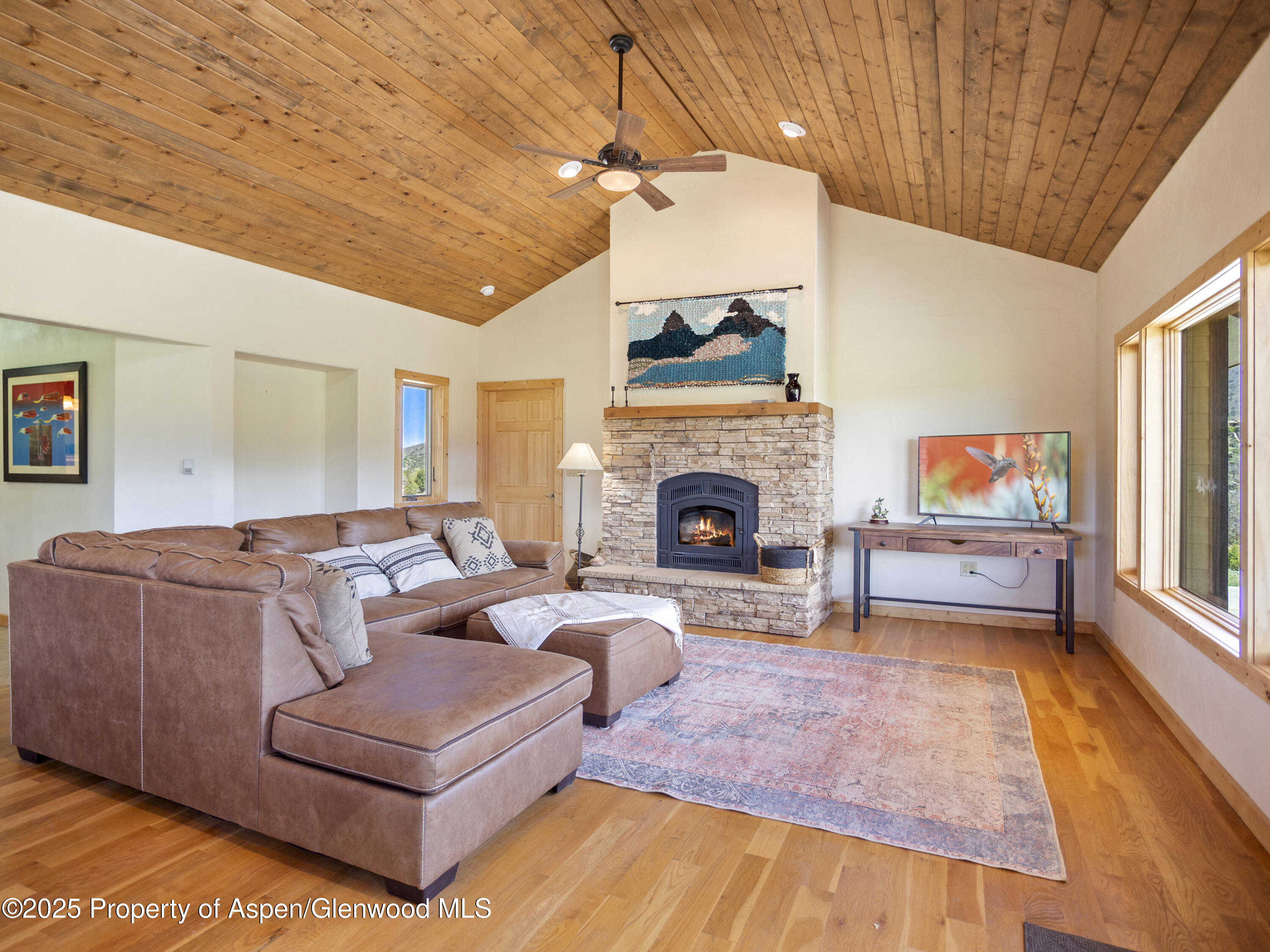 741 Big Wall Lane La Veta, CO 81055 - Photo 28 of 47 a living room with furniture a fireplace and a flat screen tv