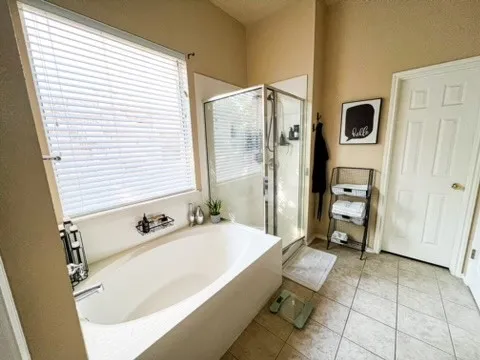 a bathroom with a tub a mirror and a shower