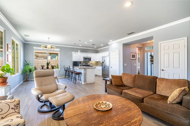a living room with furniture potted plant and a table