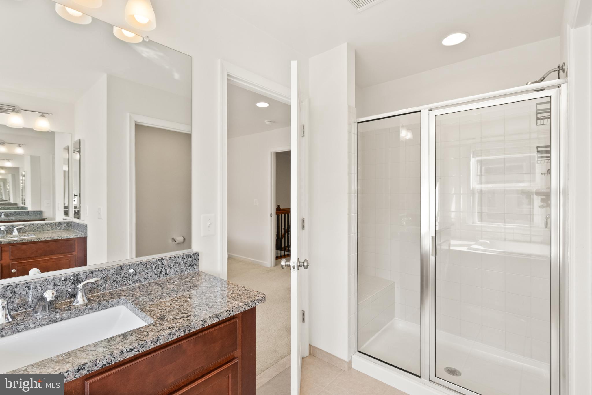 42274 Riggins Ridge Terrace Brambleton, VA 20148 - Photo 30 of 56 a bathroom with a granite countertop sink mirror and shower