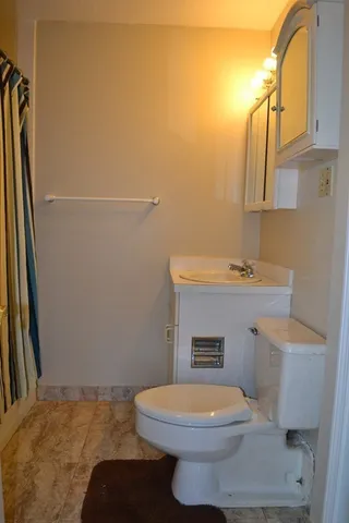 a bathroom with a sink a toilet and mirror