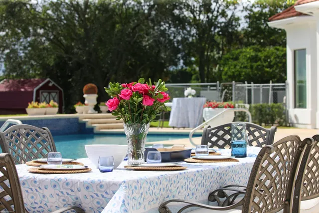 a view of a dining room with furniture and a potted plant