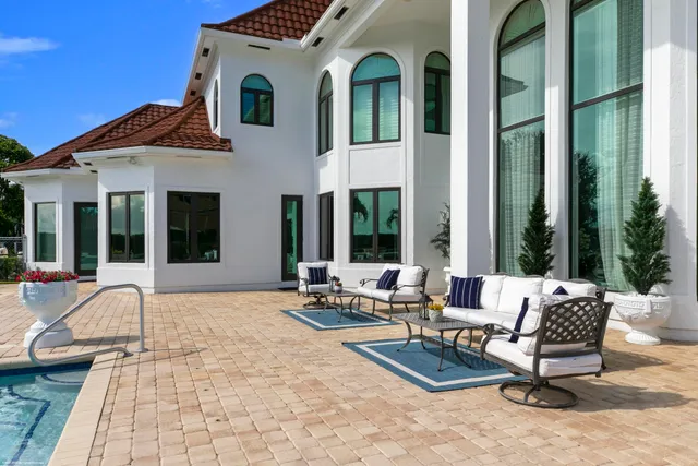 a building outdoor space with patio furniture