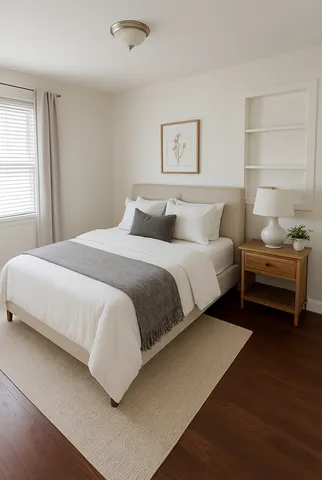 a bedroom with a bed and a window