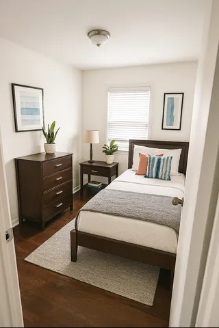 a bedroom with a bed and a dresser