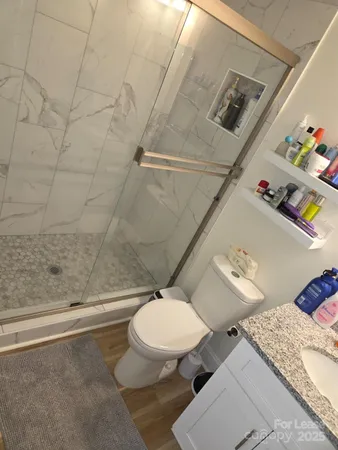 a bathroom with a sink mirror vanity and toilet