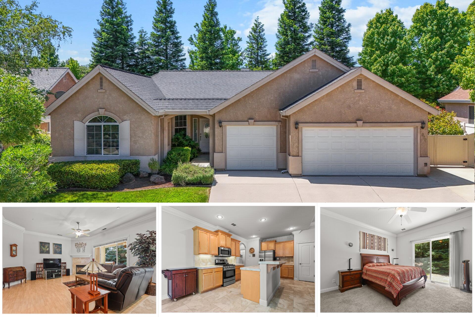 a view of an house with backyard and trees