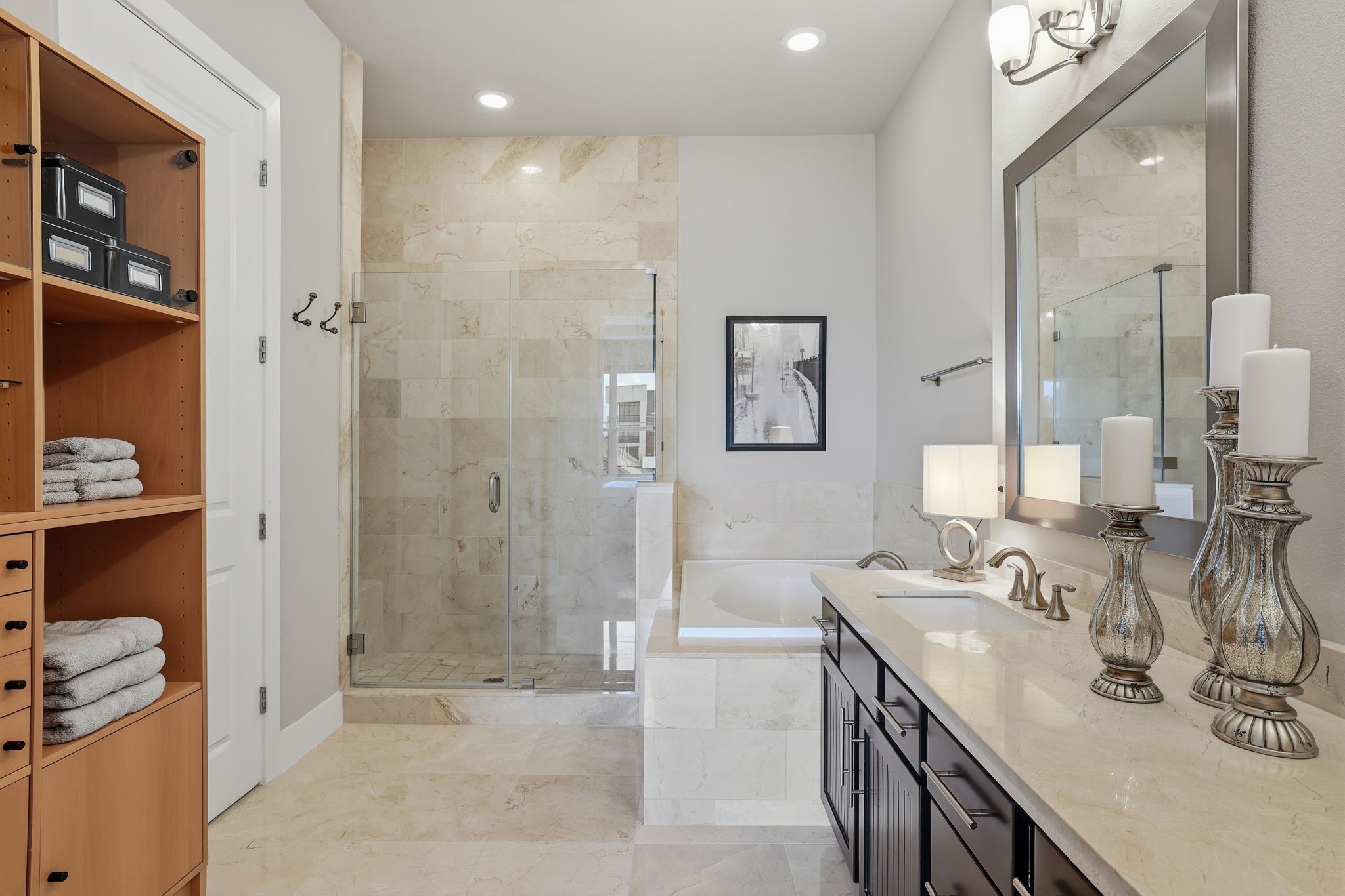 4102 Marina Street Houston, TX 77007 - Photo 20 of 32 Luxurious primary bathroom features include marble countertops, framed mirrors, double sinks, walk-in shower and jetted tub.