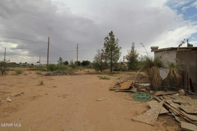 a view of a dry yard with wooden fence