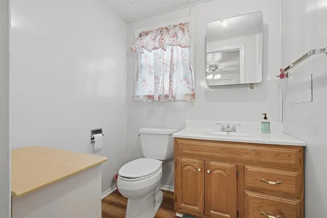 a bathroom with a sink a toilet and mirror