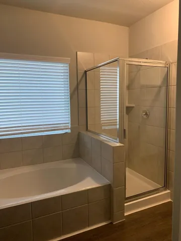 a bathroom with a bathtub and a shower