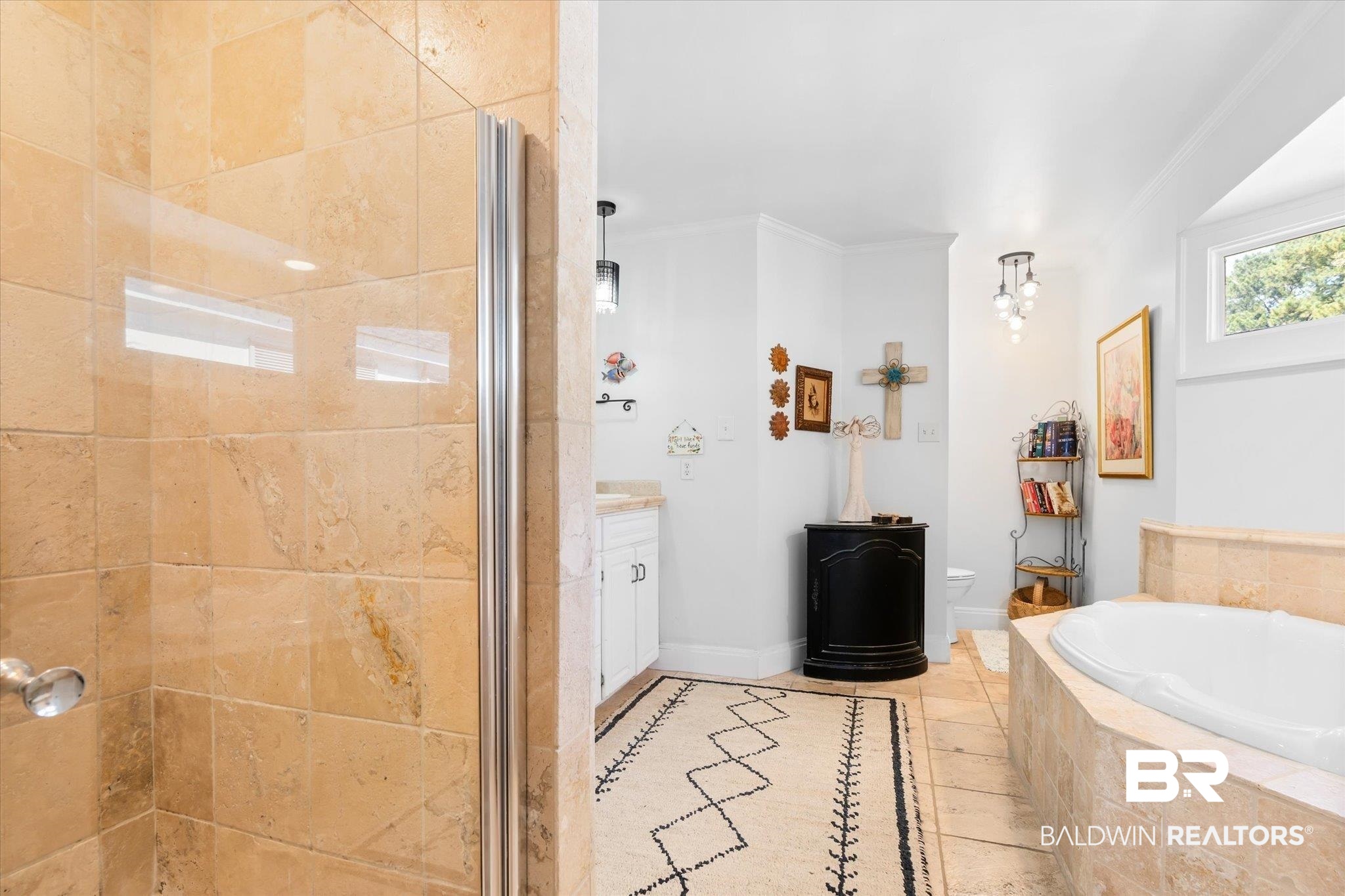 202 Woodlands Avenue Mobile, AL 36607 - Photo 17 of 53 Full bathroom with tile patterned floors, toilet, independent shower and bath, crown molding, and vanity