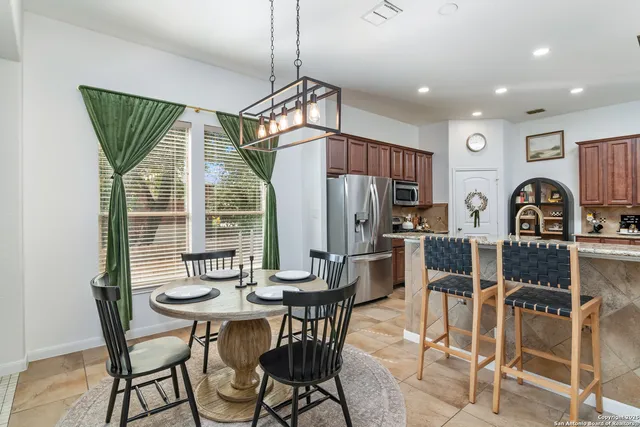 a view of a dining room with furniture window and outside view