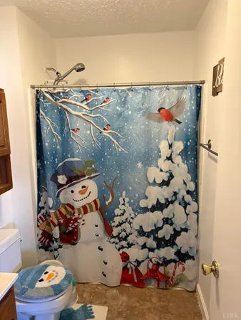 a bathroom with a sink toilet and shower curtain