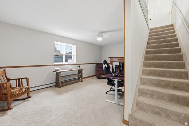 45 West 100 South Mendon, UT 84325 - Photo 40 of 64 Office with light carpet, a ceiling fan, and a baseboard heating unit