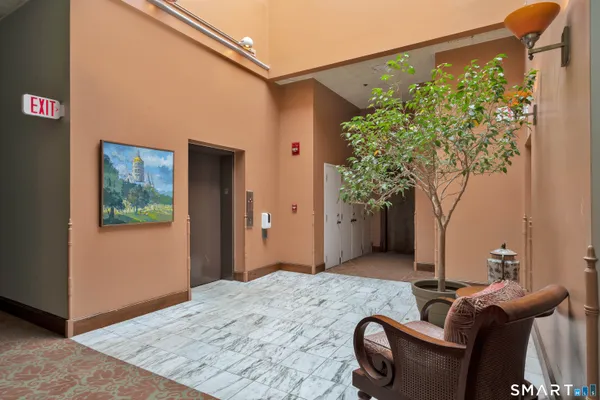 a room with furniture and a potted plant
