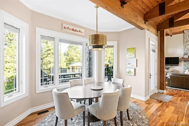 a view of a dining room with furniture window and outside view