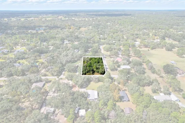 an aerial view of residential houses with outdoor space and trees