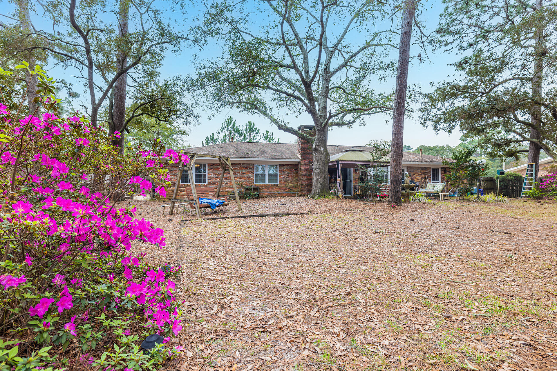 81 Country Club Road Shalimar, FL 32579 - Photo 12 of 31 a front view of a house with large trees and flower plants