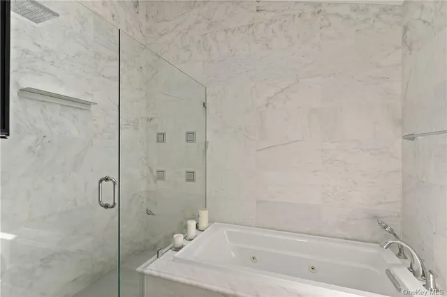 a bathroom with a bath tub and shower