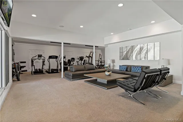 a living room with furniture gym equipment and a flat screen tv