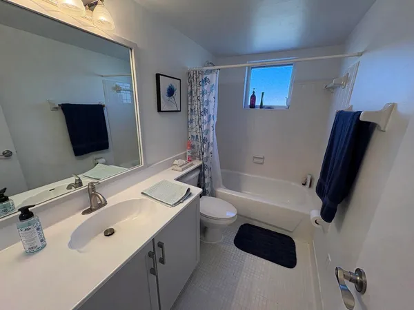 a bathroom with a sink a toilet a tub and mirror