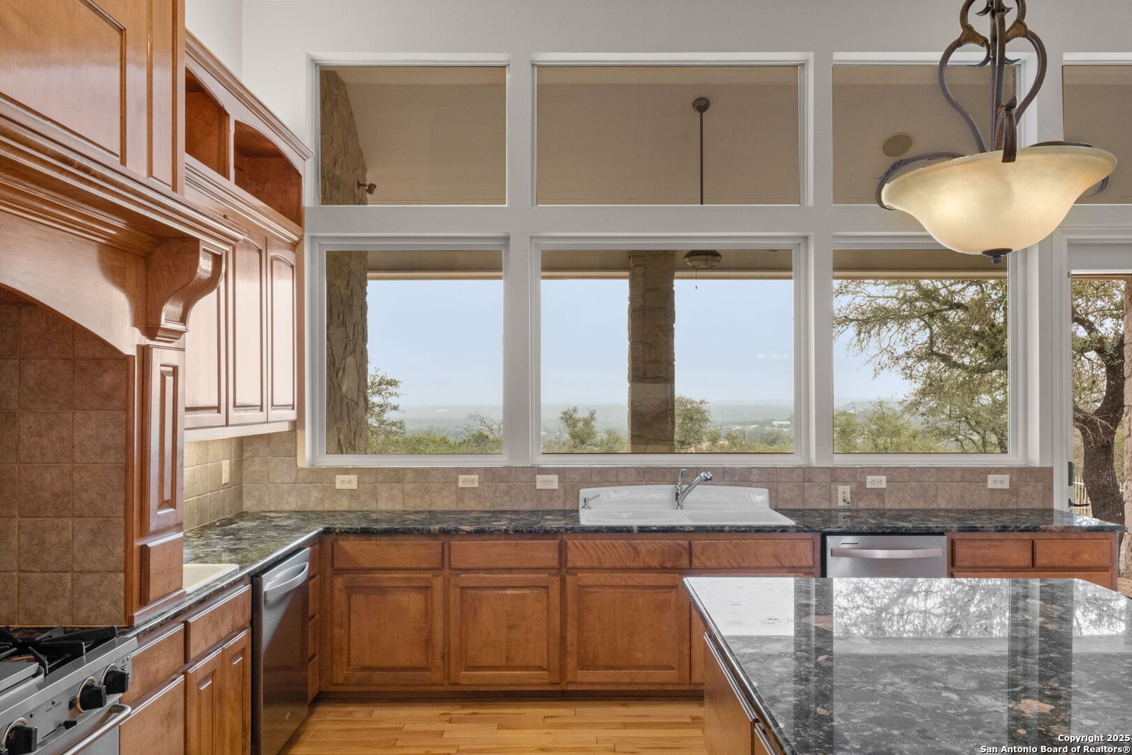 1069 Fawn River Drive Spring Branch, TX 78070 - Photo 11 of 25 a kitchen with stainless steel appliances granite countertop a stove and a large window