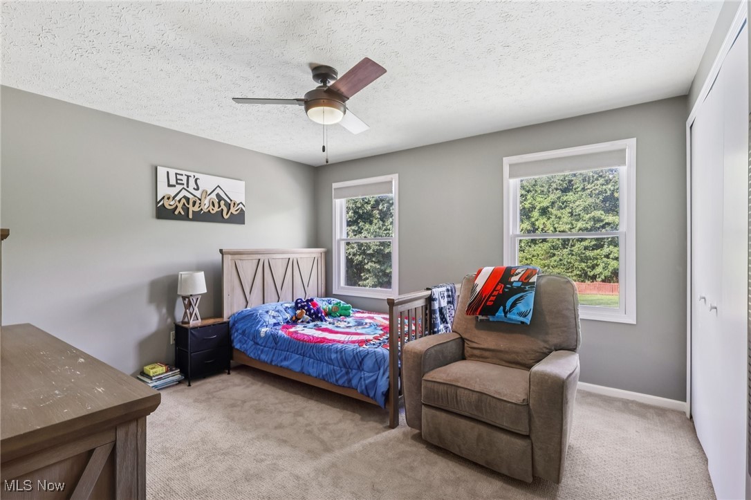 230 South Medina Line Road Akron, OH 44321 - Photo 23 of 50 Bedroom with light carpet, a textured ceiling, and ceiling fan