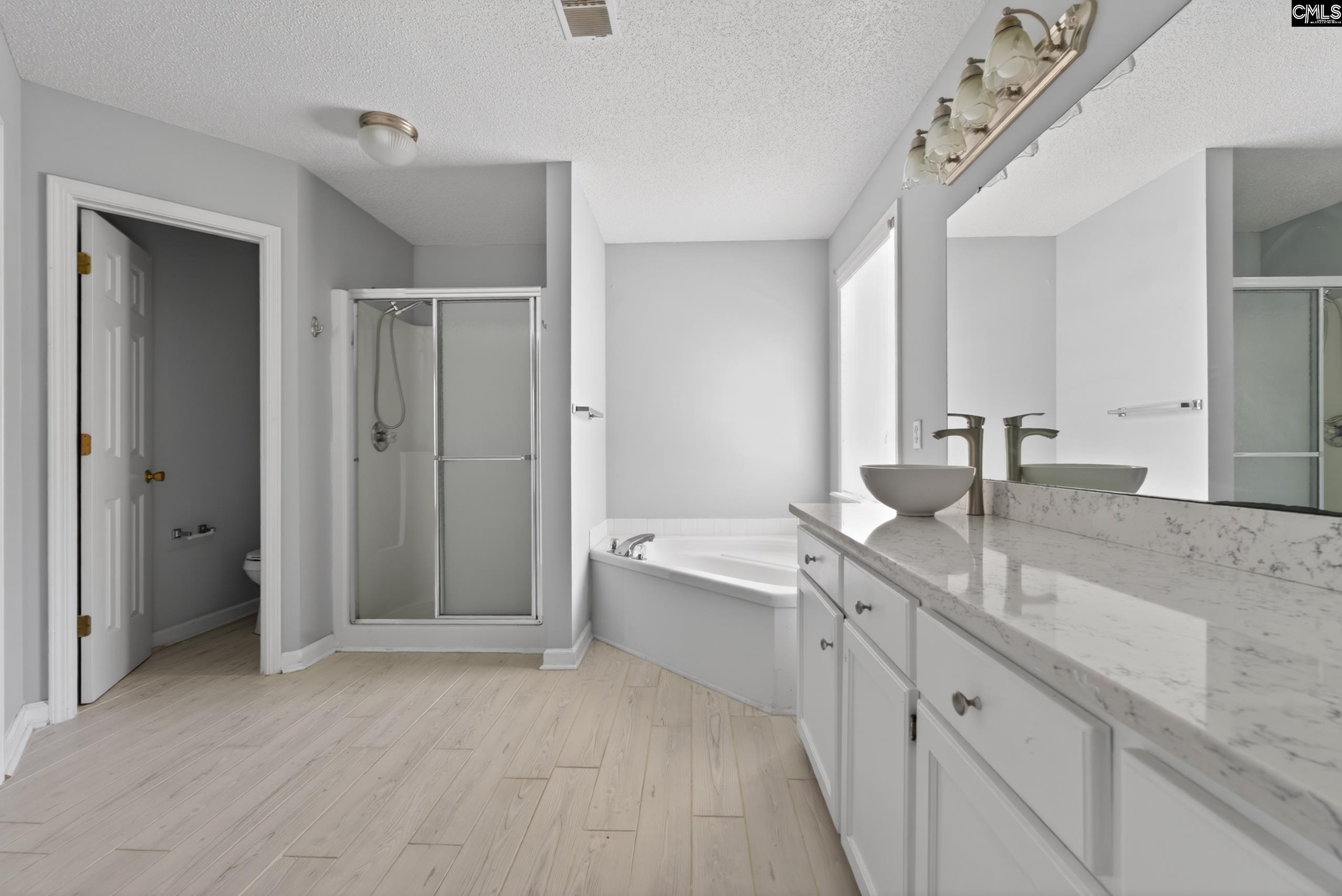 219 Plantation Pointe Drive Elgin, SC 29045 - Photo 18 of 56 a spacious bathroom with a granite countertop sink a toilet a mirror and shower
