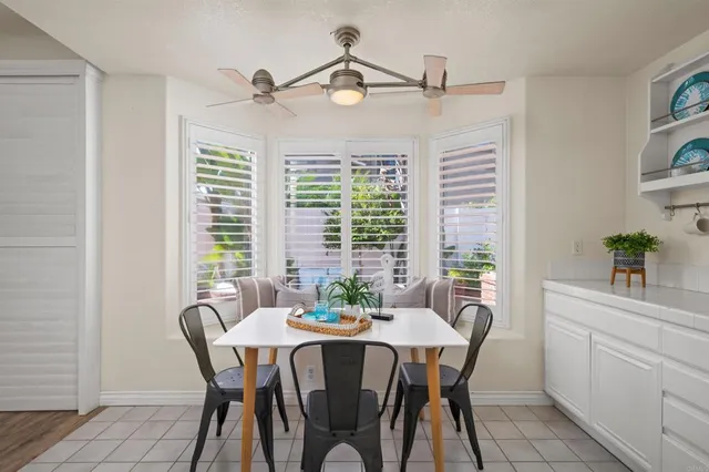 a view of a dining room with furniture window and outside view