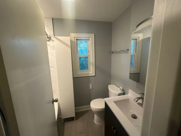 a bathroom with a sink mirror and toilet