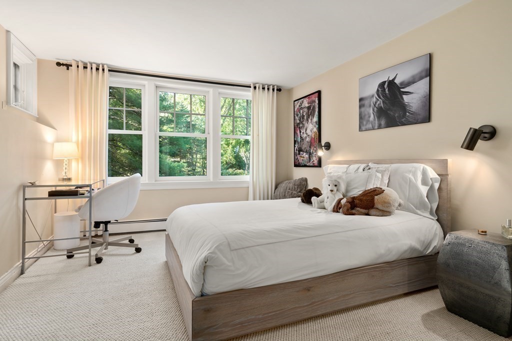 88 Pine Street Dover, MA 02030 - Photo 27 of 40 a bedroom with a bed a table and three next to a window