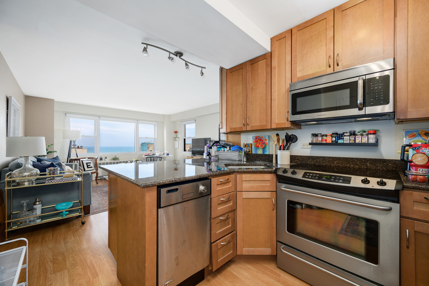 2909 North Sheridan Road, Unit 1803 Chicago, IL 60657 - Photo 7 of 16 a kitchen with stainless steel appliances granite countertop a stove top oven a sink dishwasher and cabinets with wooden floor