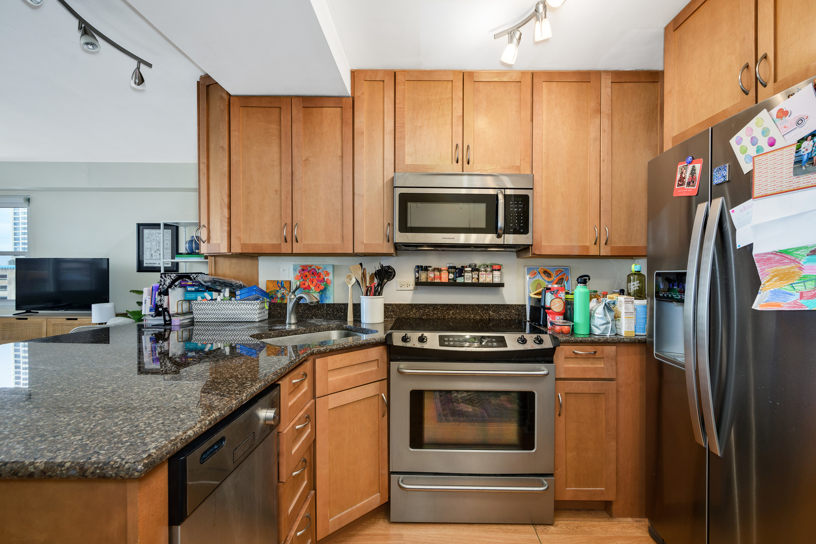 2909 North Sheridan Road, Unit 1803 Chicago, IL 60657 - Photo 8 of 16 a kitchen with stainless steel appliances granite countertop a stove a sink and a microwave
