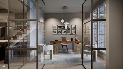 an open kitchen with dining table and chairs