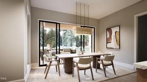 a dining room with stainless steel appliances a table and chairs