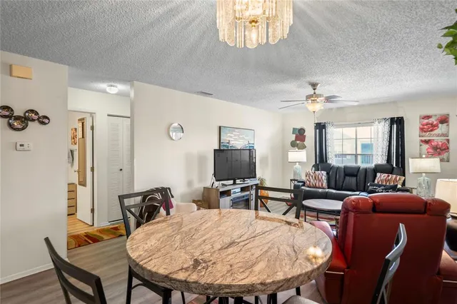 a view of a dining room with furniture