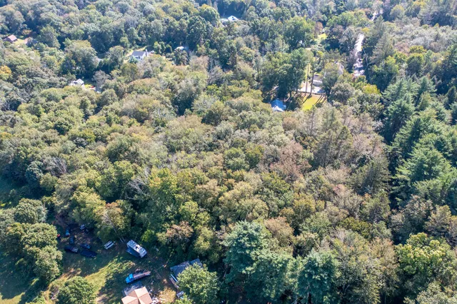 a view of a house with a lush green forest