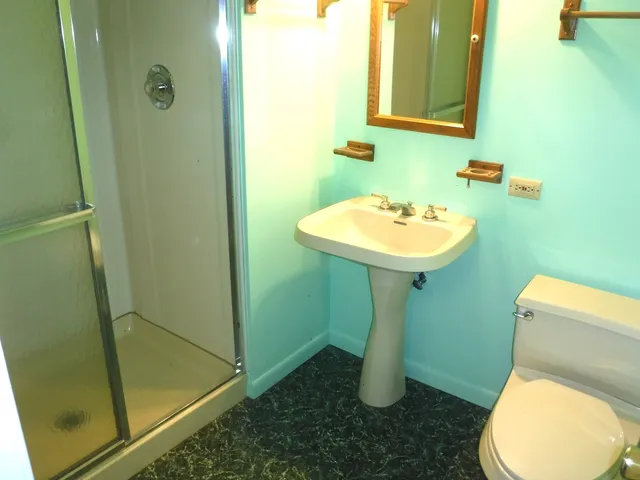 a bathroom with a sink toilet and shower