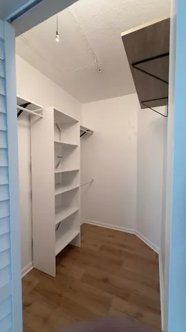 a view of walk in closet with empty racks