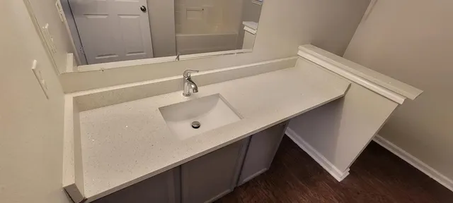 a bathroom with a sink and a mirror
